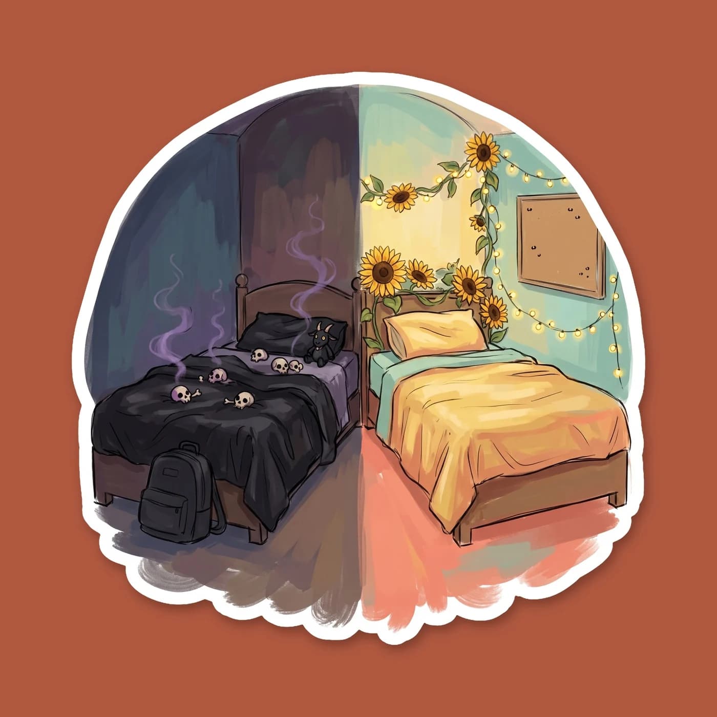 Half dark and moody, half bright and chaotic. This sticker illustrates the dividing line between Nico and Will's sides of the room, blending skull decor with scattered medical textbooks and sunshine. , view 2