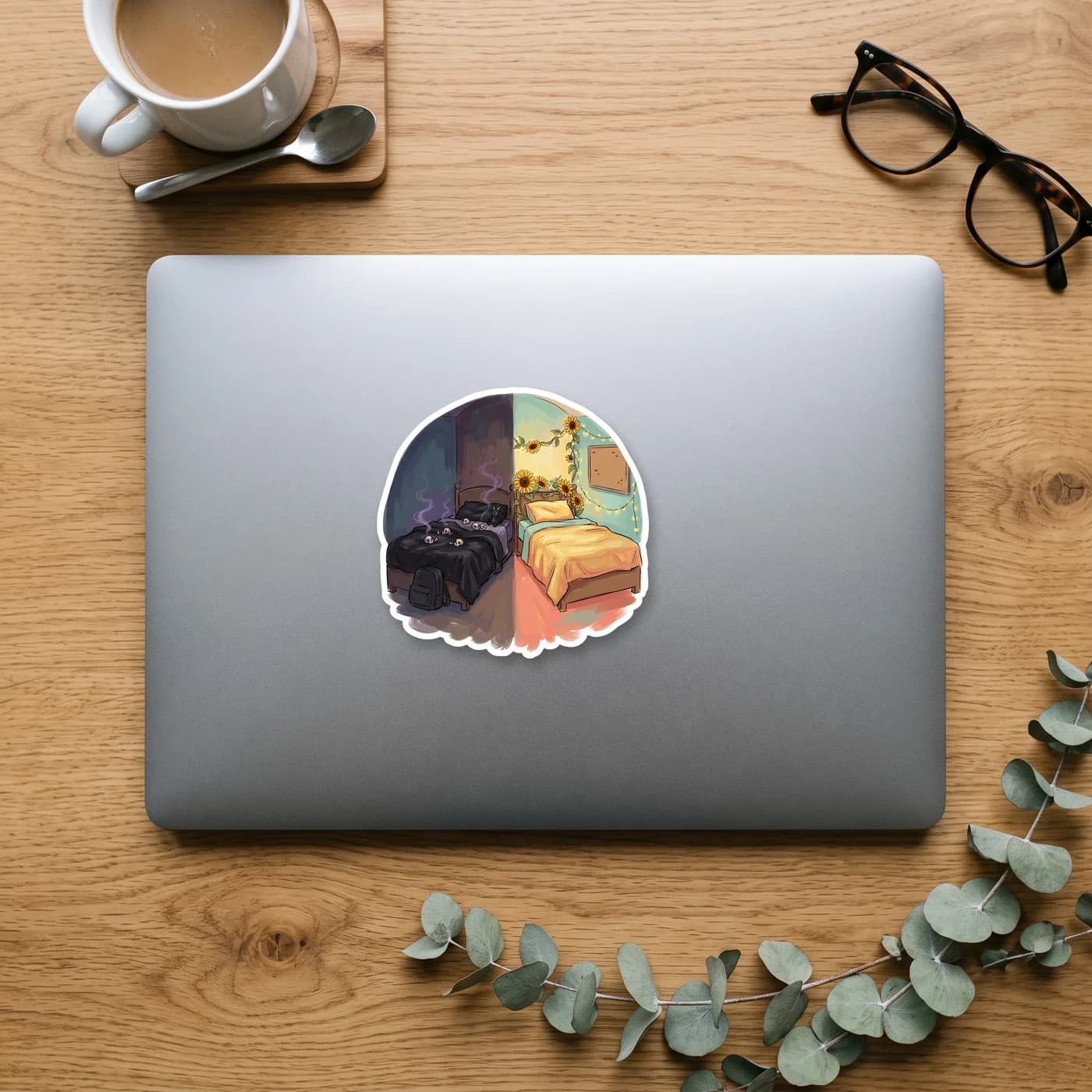 Half dark and moody, half bright and chaotic. This sticker illustrates the dividing line between Nico and Will's sides of the room, blending skull decor with scattered medical textbooks and sunshine. , view 3