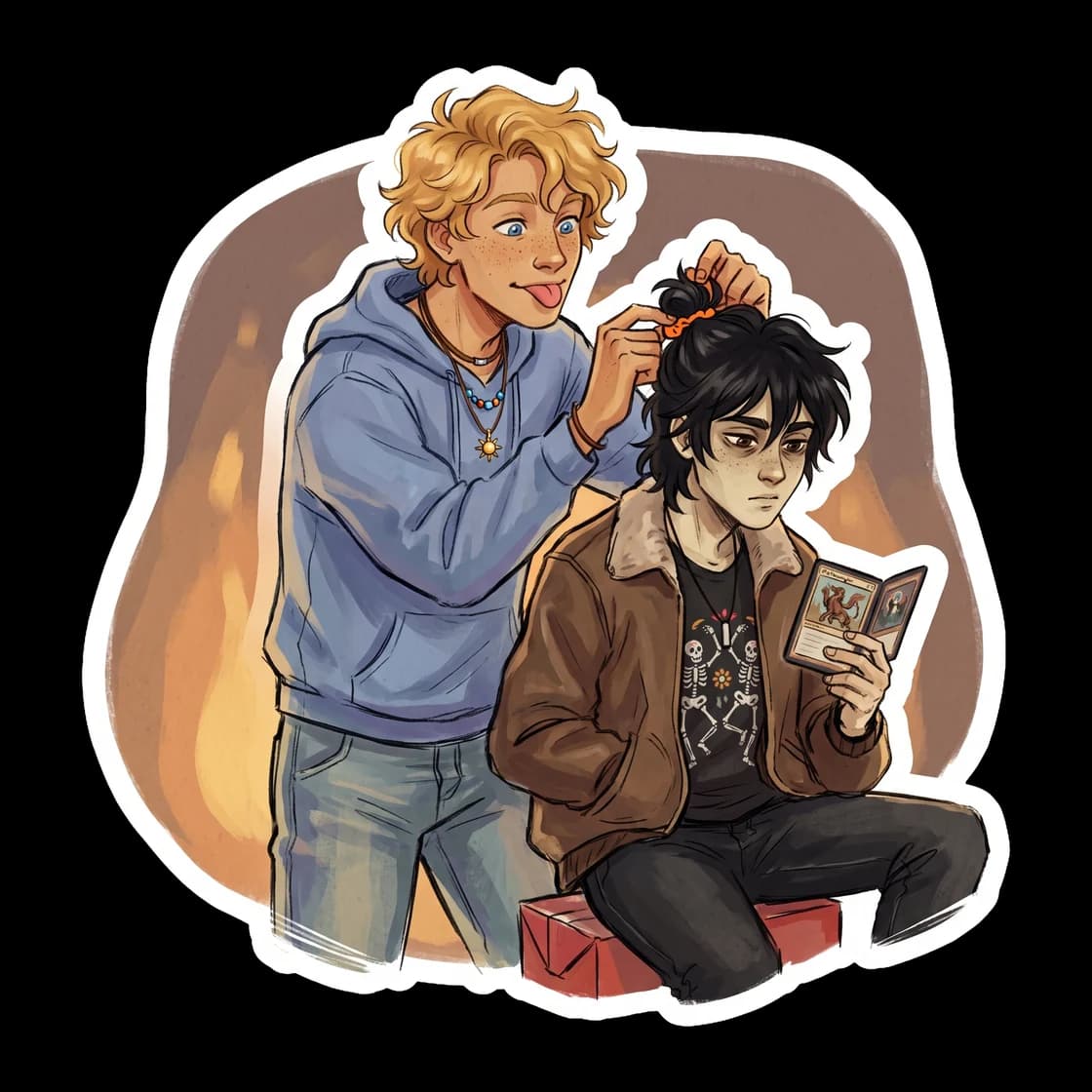 Nico stands behind Will with quiet focus, gathering blonde curls into a neat ponytail. Will sits patiently with his eyes closed, enjoying a rare moment of domestic peace before the day begins.