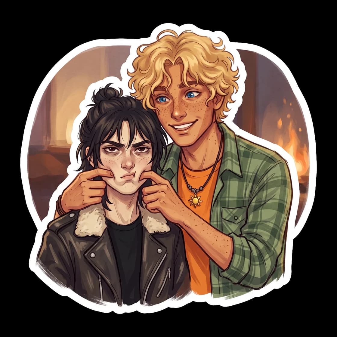 Will uses both hands to affectionately squish Nico's cheeks together, forcing his lips into a tiny pout. Nico glares up at the taller boy, though the faint blush on his face betrays his lack of actual