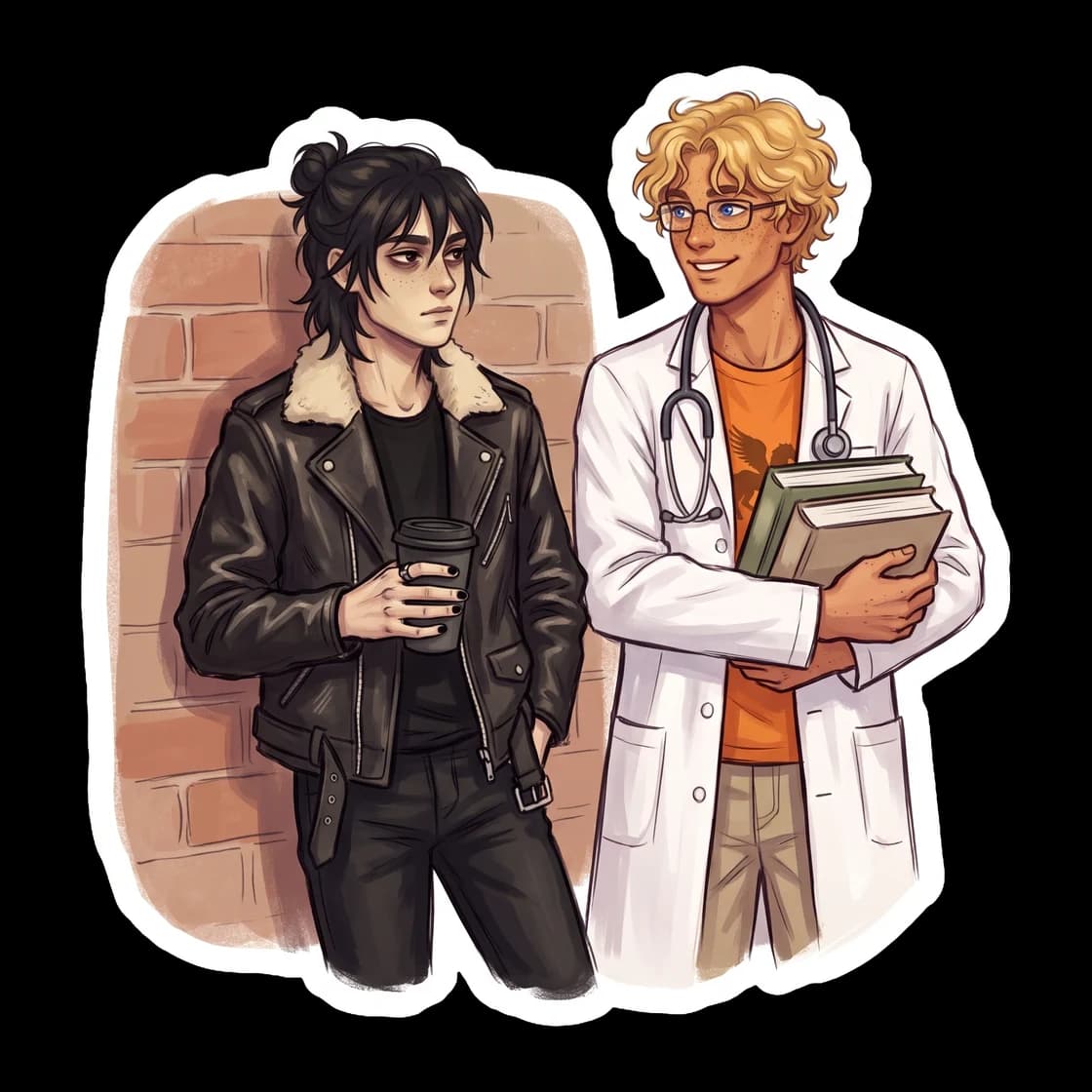 An alternate universe illustration showing Nico in a studded leather jacket alongside Will in his medical school scrubs and a stethoscope. They share an umbrella in the rain, highlighting the grumpy a