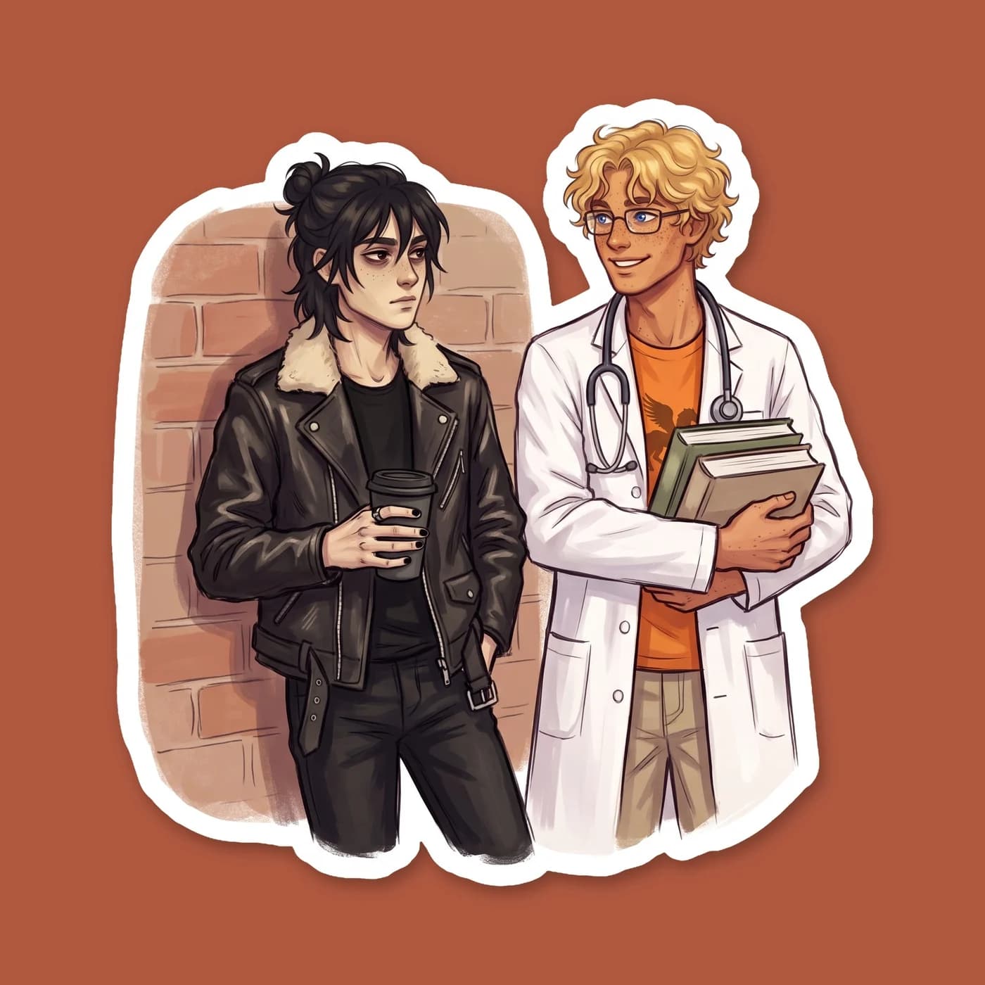 An alternate universe illustration showing Nico in a studded leather jacket alongside Will in his medical school scrubs and a stethoscope. They share an umbrella in the rain, highlighting the grumpy a, view 2