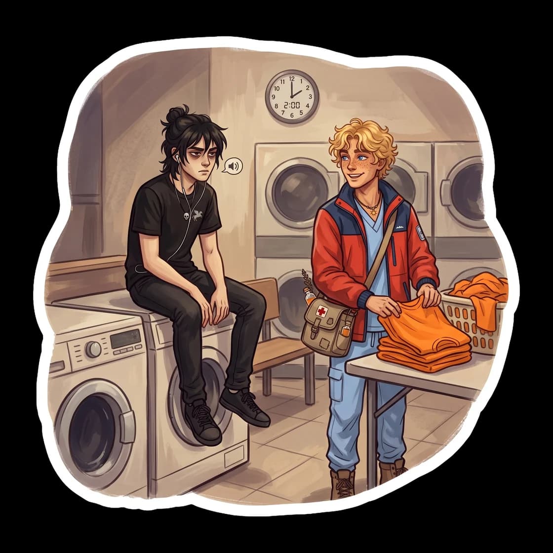 Nico sleeps sitting up against the vibrating washing machine in a fluorescent-lit New York laundromat at 2am. Will drapes his own denim jacket over Nico's shoulders, keeping watch while their camp clo