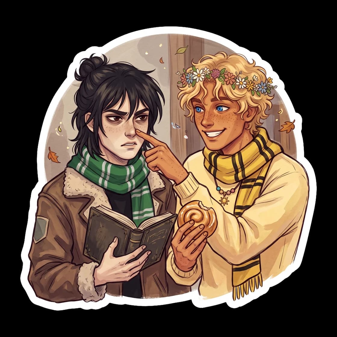 Nico and Will are bundled up together against the cold, sharing a single long knitted scarf that shifts from dark green and silver to bright yellow and black. The blended house colors perfectly match 