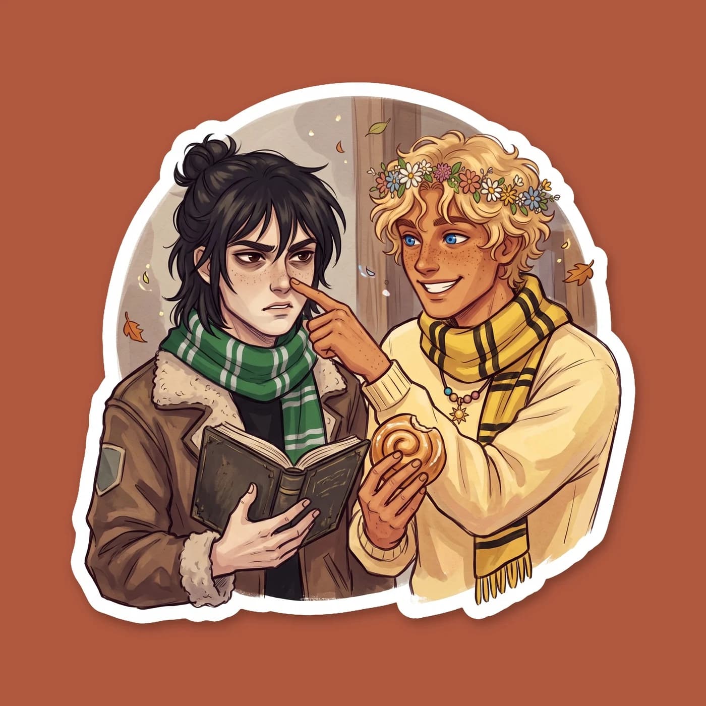 Nico and Will are bundled up together against the cold, sharing a single long knitted scarf that shifts from dark green and silver to bright yellow and black. The blended house colors perfectly match , view 2