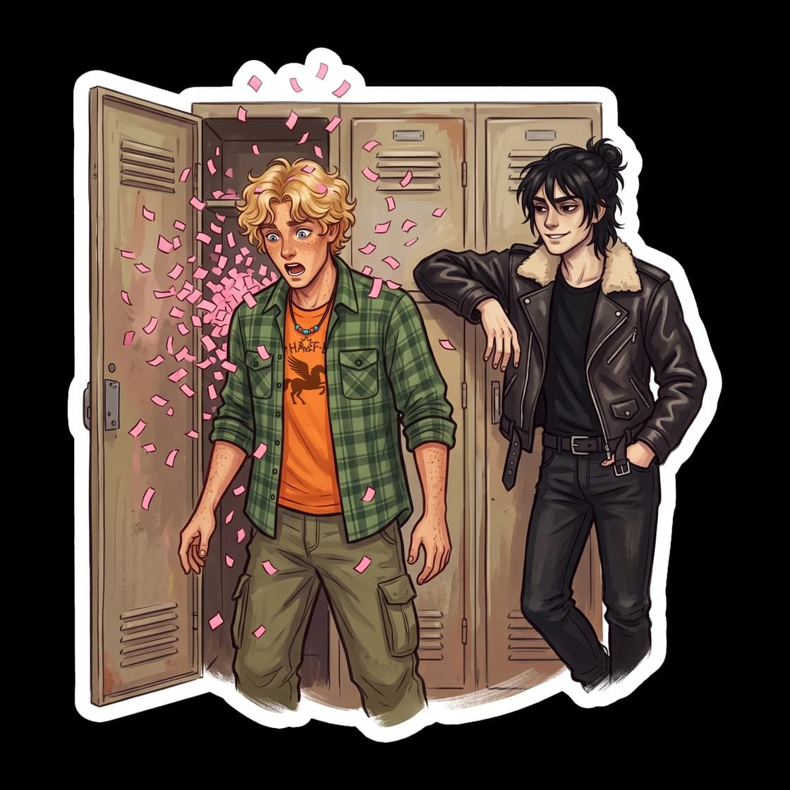 Will sports a vintage letterman jacket while Nico rests his head on a stack of textbooks, listening to music through shared wired earbuds. The mortal high school setting gives the demigods a brief mom