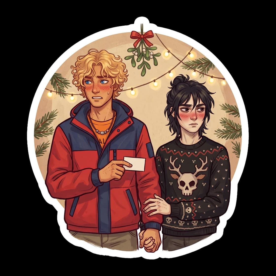 The boys wear mismatched festive sweaters while standing stiffly under a sprig of mistletoe, trying to maintain their fake relationship ruse. Nico blushes deeply into his scarf while Will offers a cha
