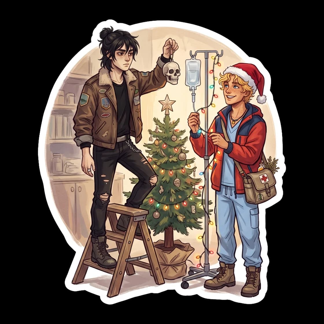Will wraps a bandage around a scrape on Nico's arm, surrounded by medical supplies and a tiny decorated evergreen tree on the infirmary desk. Warm glowing light radiates from Will's hands as he uses h