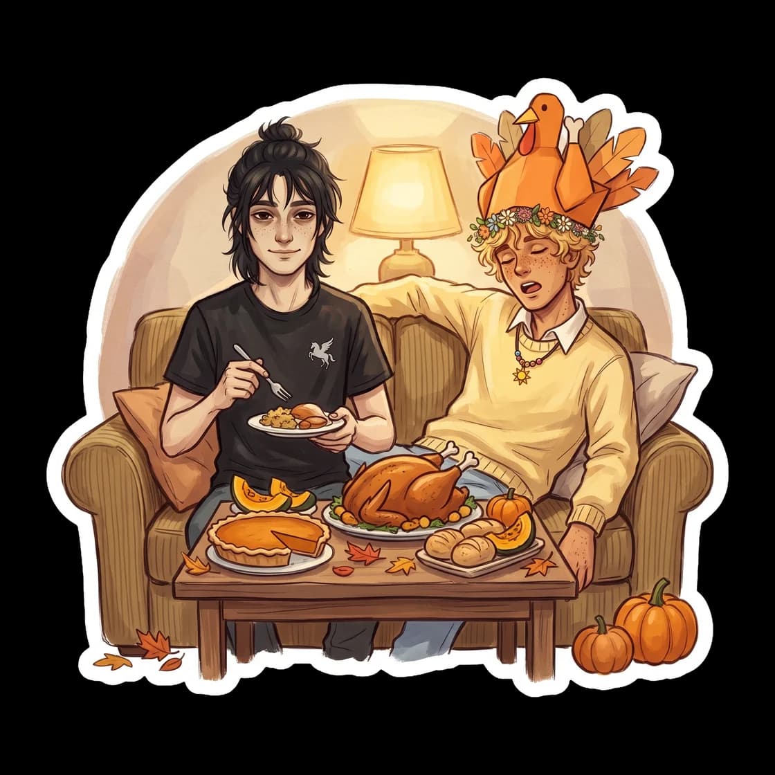 Nico facing the chaos of a Solace family Thanksgiving. The design shows Nico looking slightly overwhelmed but fond, holding a slice of pumpkin pie while Will beams at him in a chunky autumn sweater.