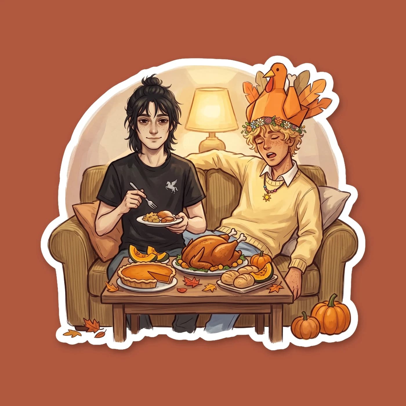Nico facing the chaos of a Solace family Thanksgiving. The design shows Nico looking slightly overwhelmed but fond, holding a slice of pumpkin pie while Will beams at him in a chunky autumn sweater., view 2