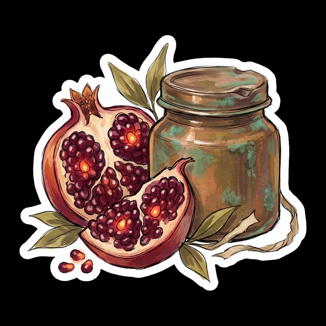 Six ruby-red pomegranate seeds rest beside a sealed celestial bronze jar, casting long dark shadows. The items symbolize Nico's painful time trapped by the giants and his deep connection to the quiet 