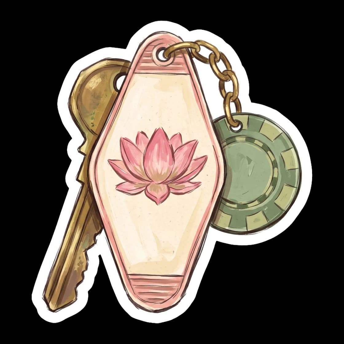 This design features a retro motel key tag from the Lotus Hotel and Casino. It is a subtle nod to the years spent trapped out of time, serving as a quiet reminder of demigod history to keep on a journ