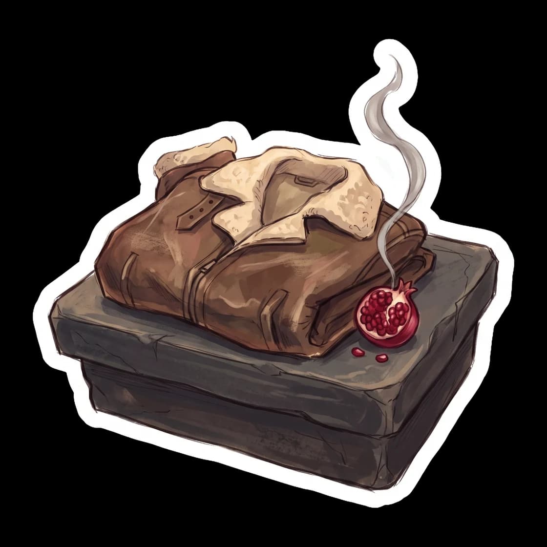 This sticker illustrates a worn aviator jacket resting carefully on a skull-adorned altar. It represents quiet moments of reflection in the Hades cabin, honoring the long journey of the ghost king thr
