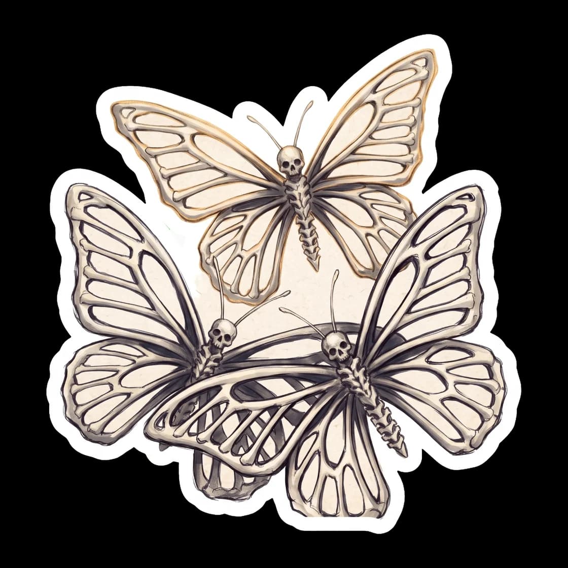 A swarm of tiny bone-winged butterflies fluttering out of a shadow. It captures the memorable moment of Nico getting nervous around Will and manifesting undead butterflies in his stomach. A romantic a