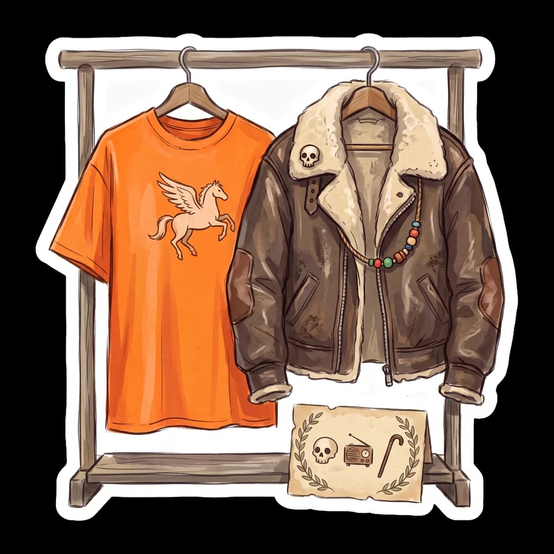 A folded pile of iconic demigod laundry featuring Nico's worn brown aviator jacket resting on top of Will's bright orange camp shirt. The clothing is draped together in a subtle nod to their relations