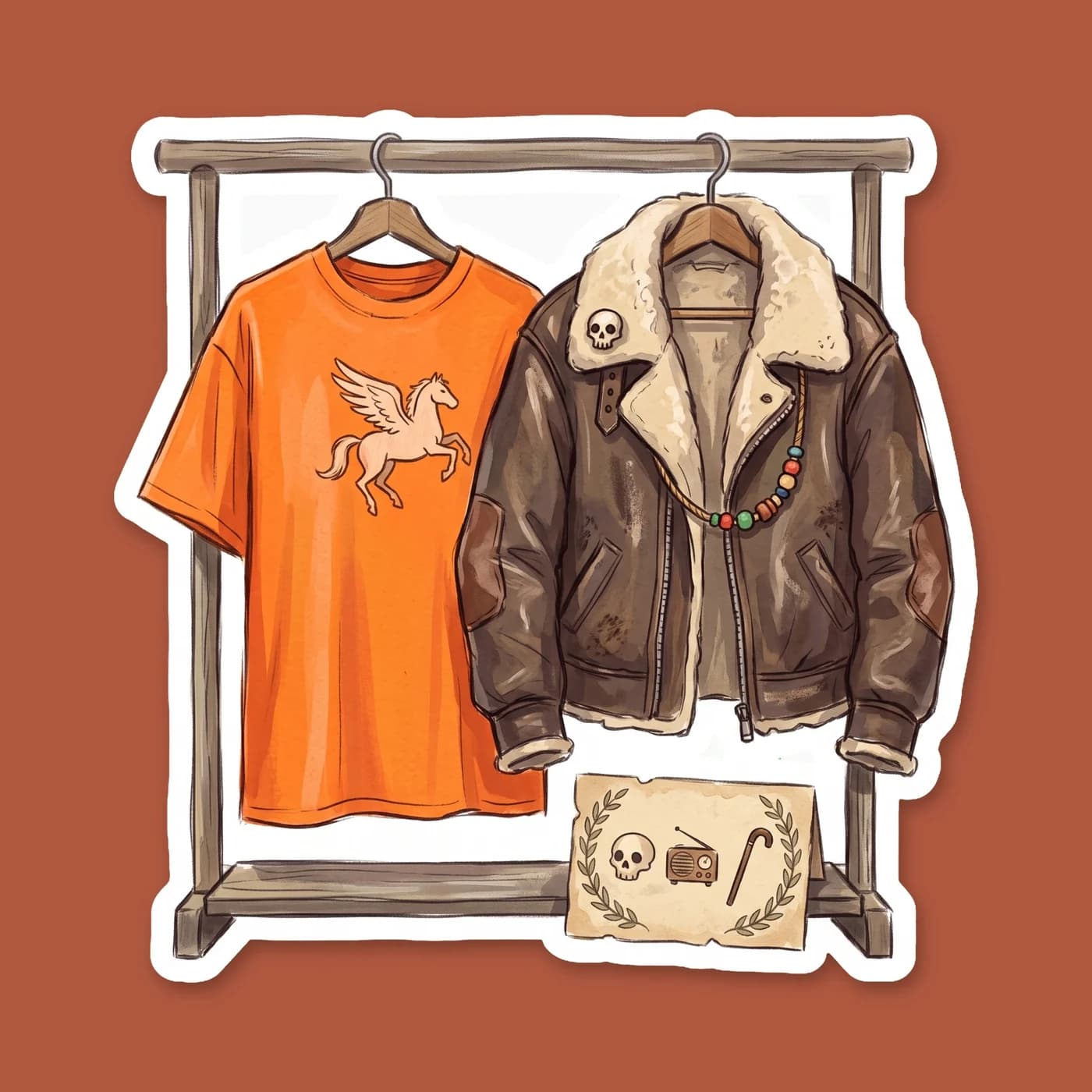 A folded pile of iconic demigod laundry featuring Nico's worn brown aviator jacket resting on top of Will's bright orange camp shirt. The clothing is draped together in a subtle nod to their relations, view 2