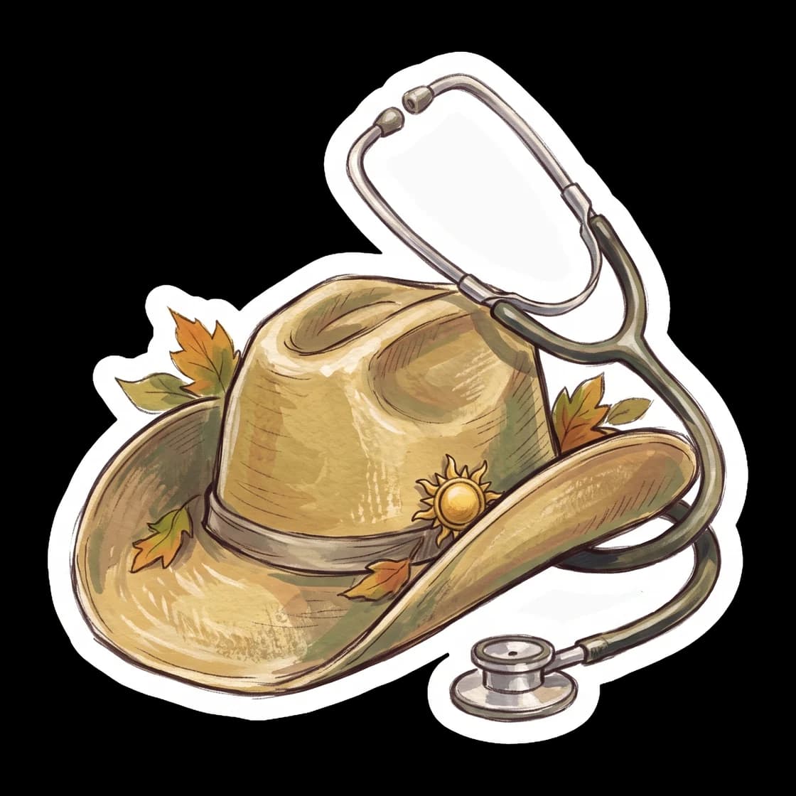 A classic southern cowboy hat rests beside a coiled stethoscope in this soothing design. It honors the head healer of the camp, blending his serious medical duties with his sunny, relaxed roots.