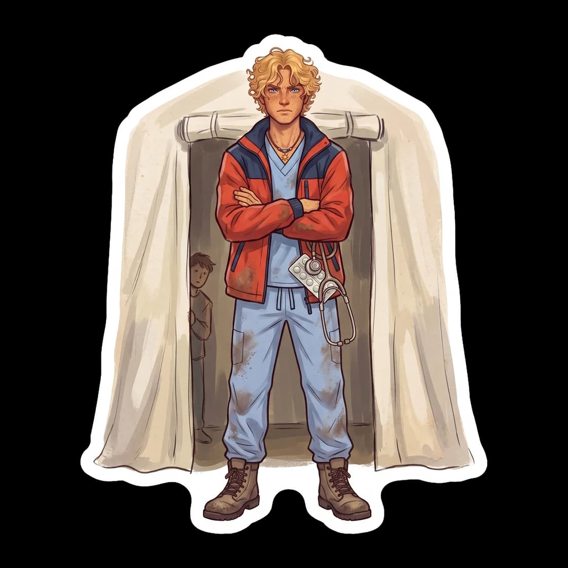 The head counselor of cabin seven crosses his arms and delivers strict medical advice to a stubborn patient. Will is drawn in his medical scrubs over a camp shirt, looking stern but caring as he enfor