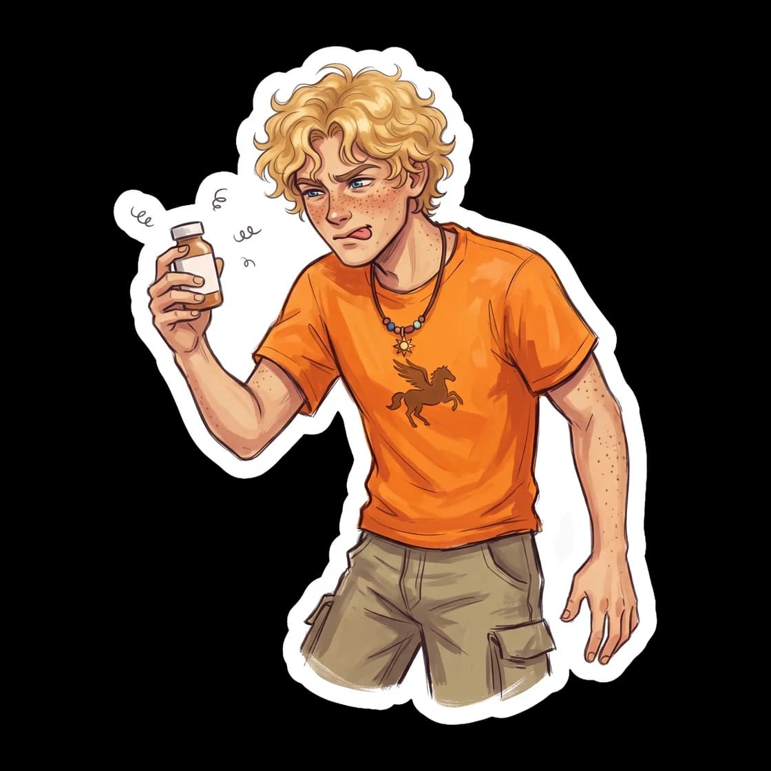Will squints at a clipboard of medical charts, navigating his demigod dyslexia to ensure every patient gets the correct nectar dosage. This design celebrates his determination to study medicine despit