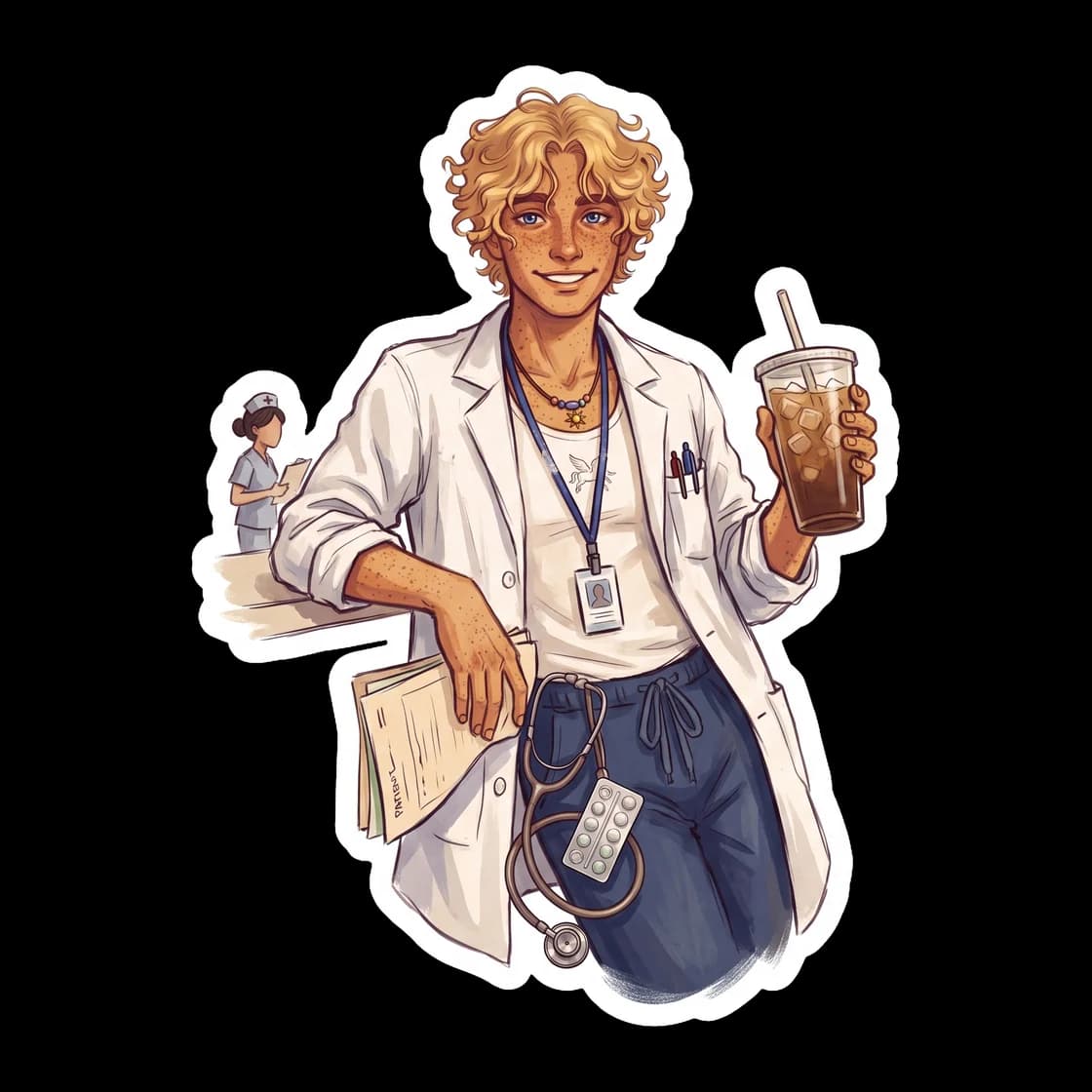 An older Will Solace is shown in standard blue hospital scrubs, looking tired but fulfilled during an earthly hospital rotation. It offers a glimpse into a peaceful future where he pursues his medical