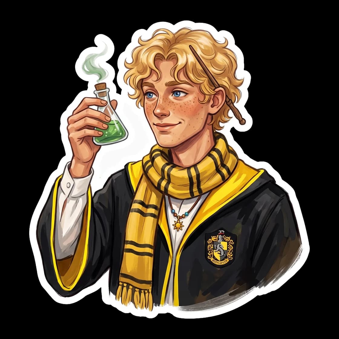 Will sports a chunky yellow and black striped scarf, fully embracing the loyal and hardworking traits of a certain badger house. This crossover design is perfect for fans who know exactly where the co