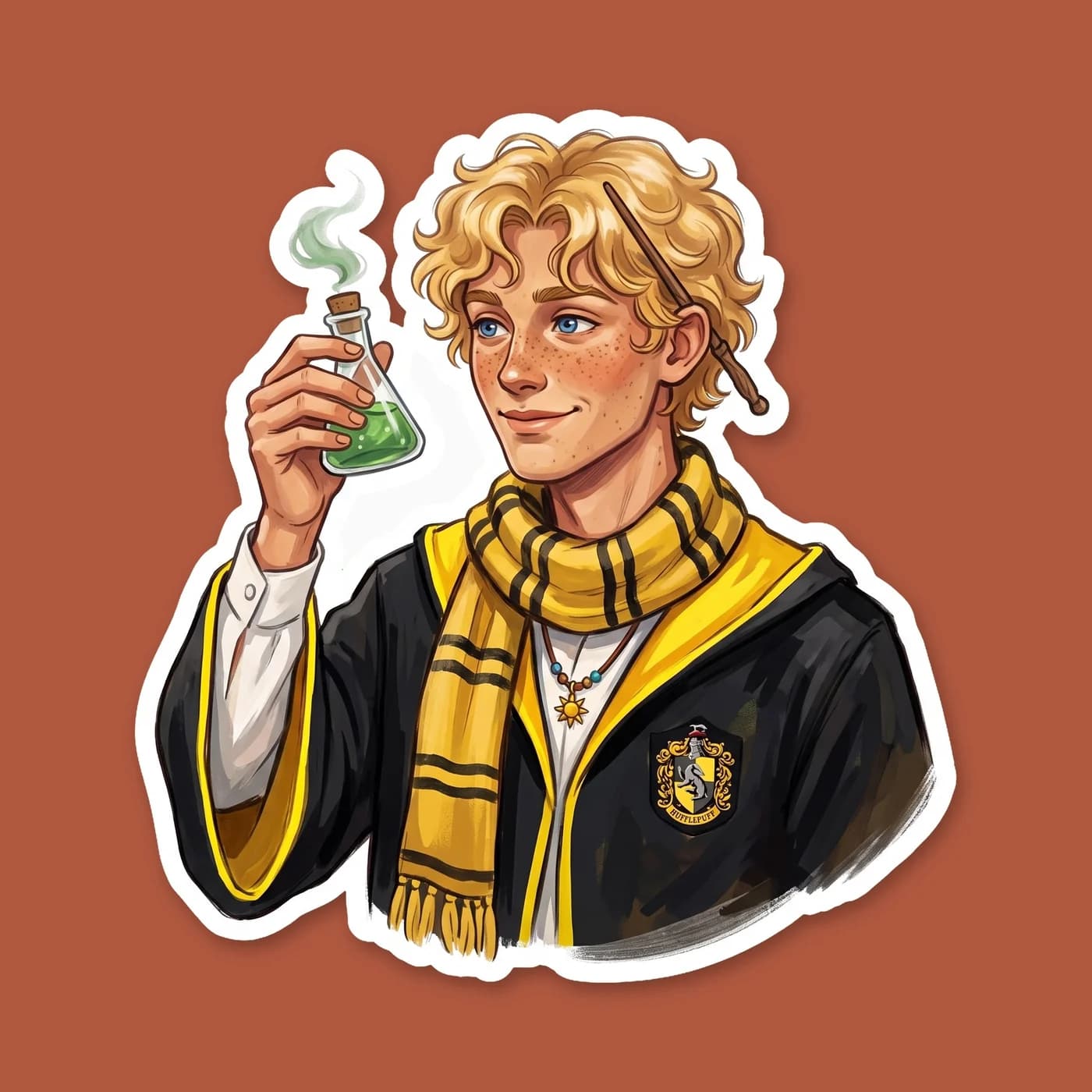 Will sports a chunky yellow and black striped scarf, fully embracing the loyal and hardworking traits of a certain badger house. This crossover design is perfect for fans who know exactly where the co, view 2