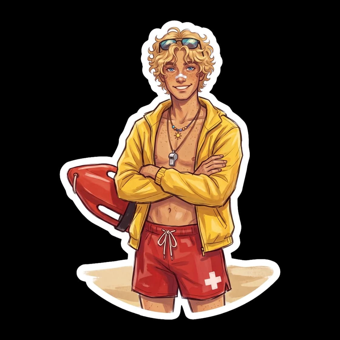 Will sits on duty in a red swimsuit with a rescue float by the canoe lake, keeping a watchful eye on the younger campers. It highlights his deep sense of responsibility and the classic summer camp vib