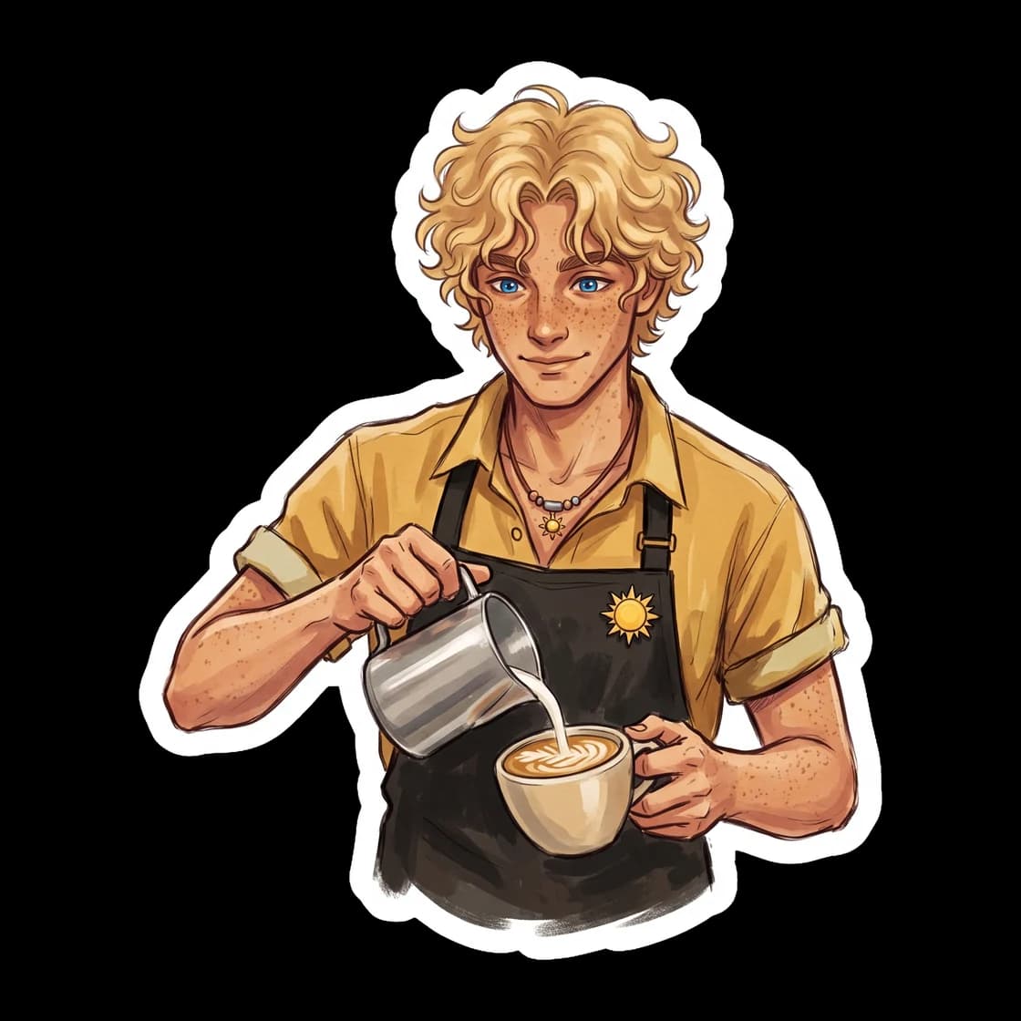 Will Solace leans against the counter of the Apollo cabin, brewing a fresh cup of morning coffee. He wears his signature camp necklace and a soft, oversized sweater, looking perfectly at home as the e
