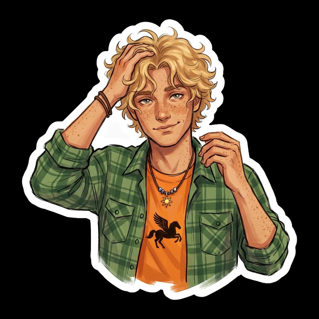 The resident sunshine boy offers a warm, knowing smirk meant entirely for a certain son of Hades. A subtle golden halo frames his blonde curls, highlighting the quiet affection and bright optimism tha