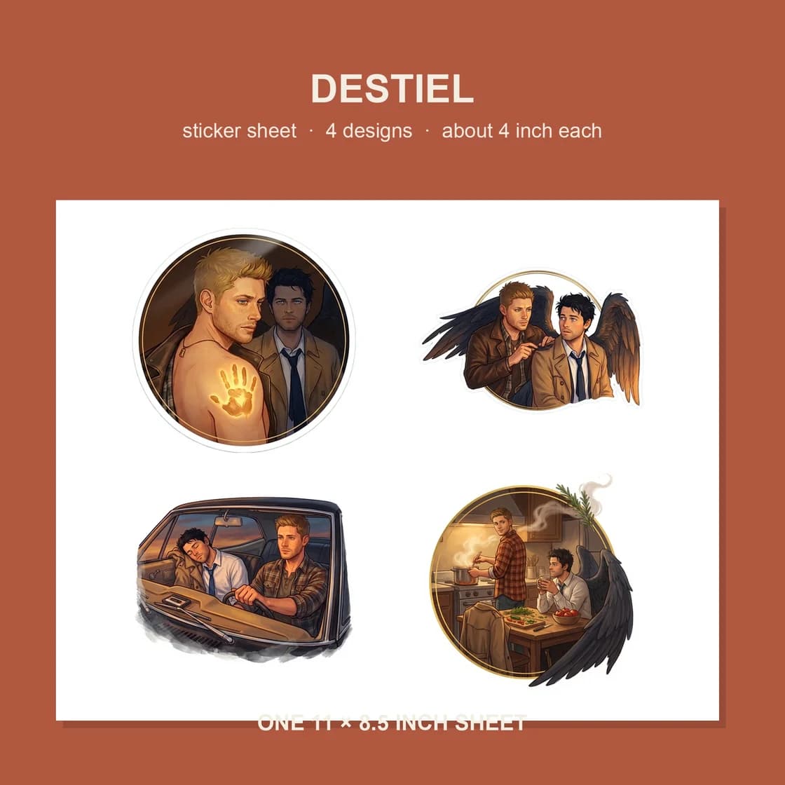 Four Destiel stickers on one 11 x 8.5 inch sheet, about 4 inches each.