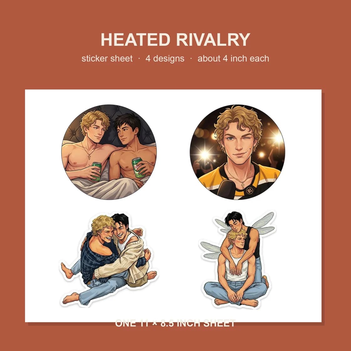 Four Heated Rivalry stickers on one 11 x 8.5 inch sheet, about 4 inches each.