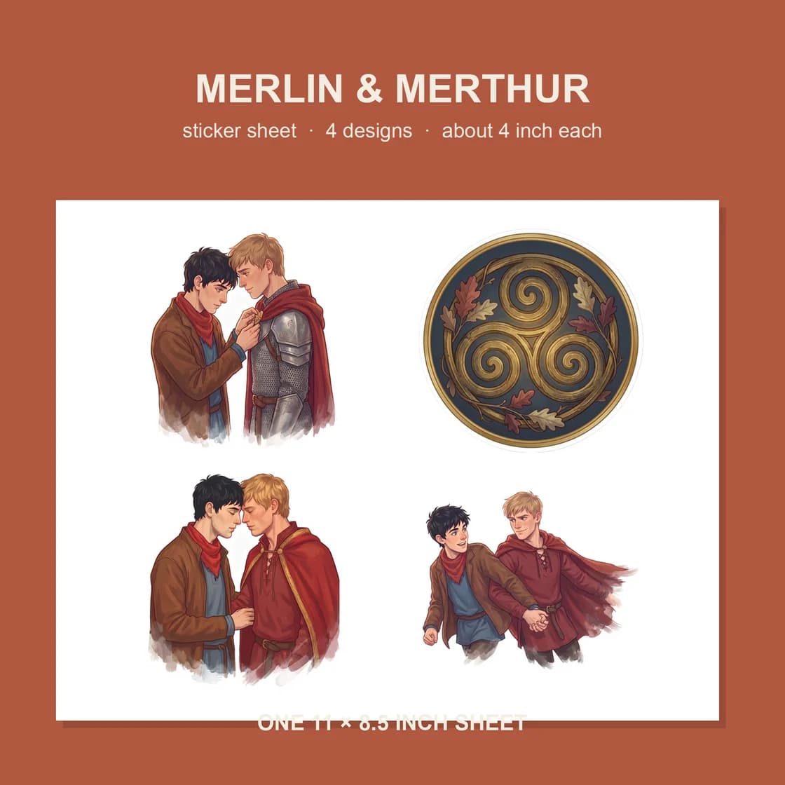 Four Merlin & Merthur stickers on one 11 x 8.5 inch sheet, about 4 inches each.
