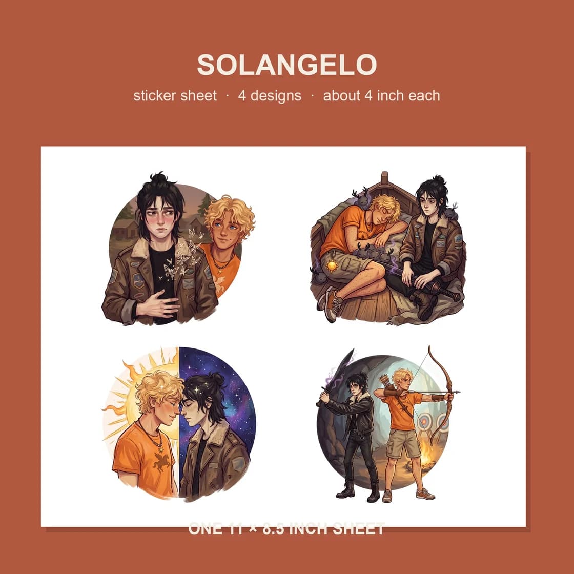 Four Solangelo stickers on one 11 x 8.5 inch sheet, about 4 inches each.