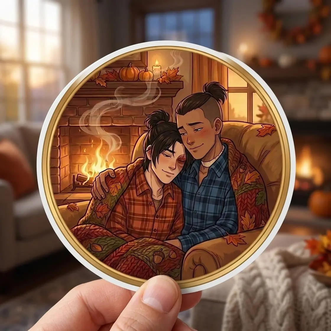 Zuko and Sokka share a quiet autumn moment surrounded by falling leaves and a crisp seasonal breeze., view 3