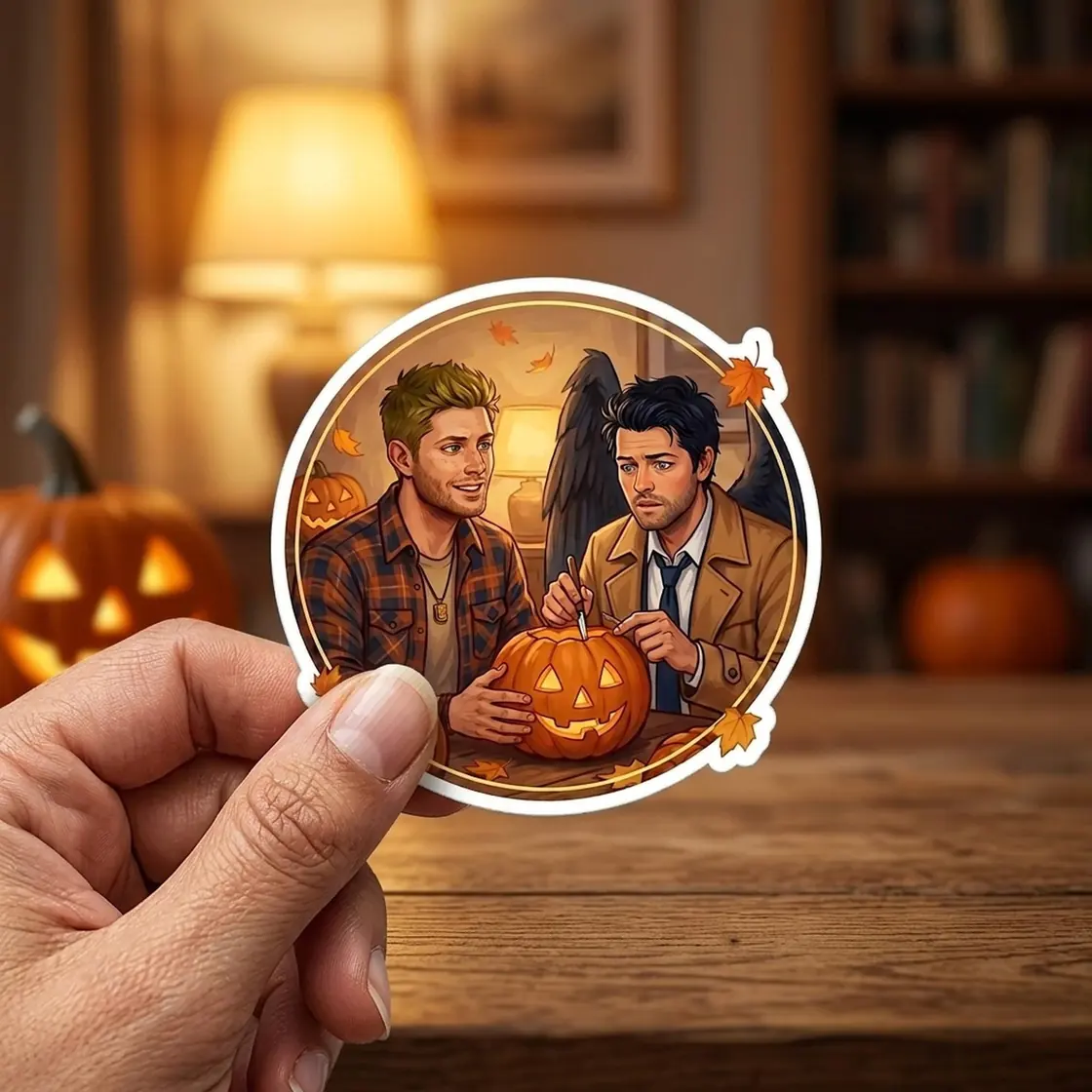 Dean and Castiel sit together on a cozy autumn evening carving a grinning jack-o-lantern., view 3