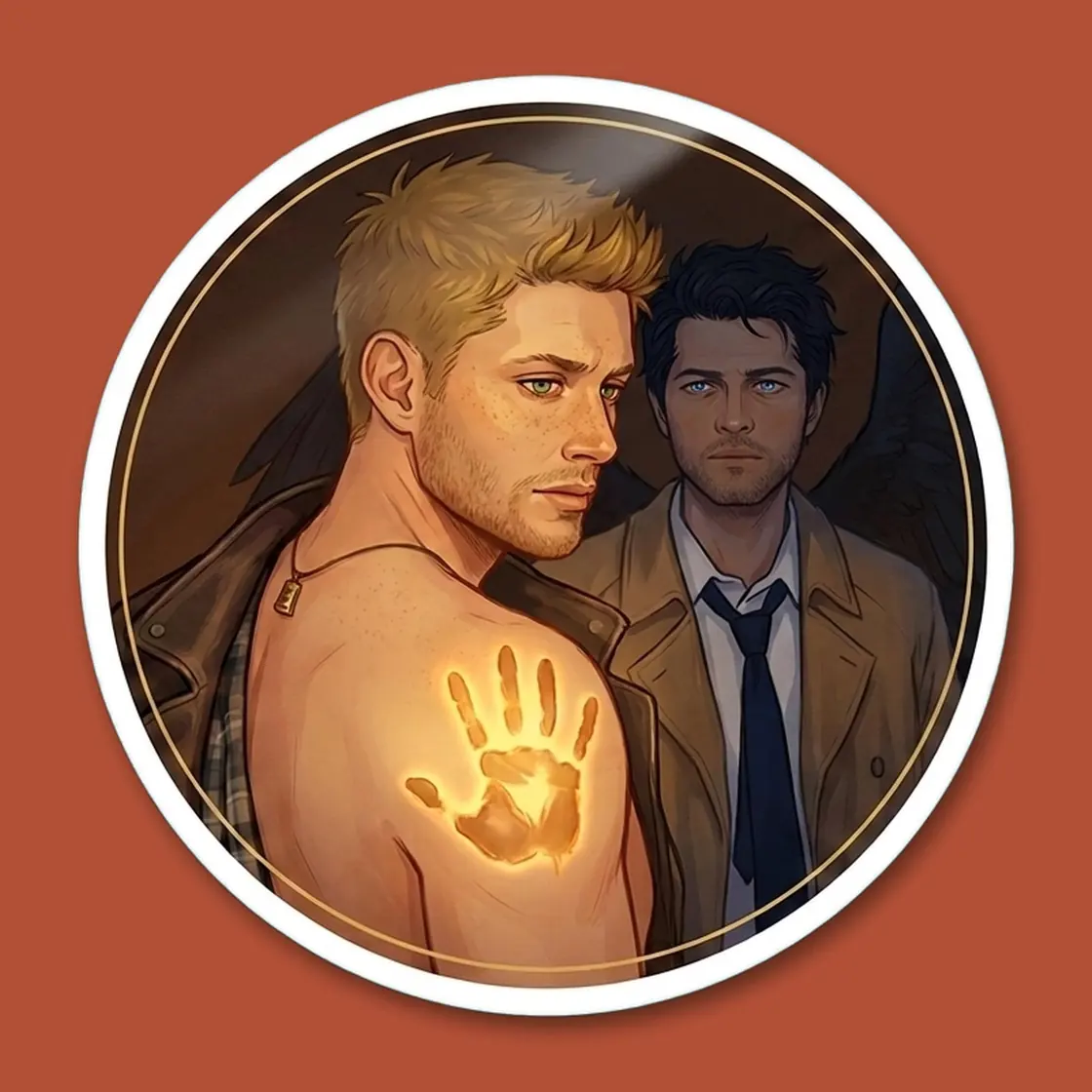 A scorched angelic handprint remains fiercely seared into skin as a permanent mark of a profoundly deep bond., view 2