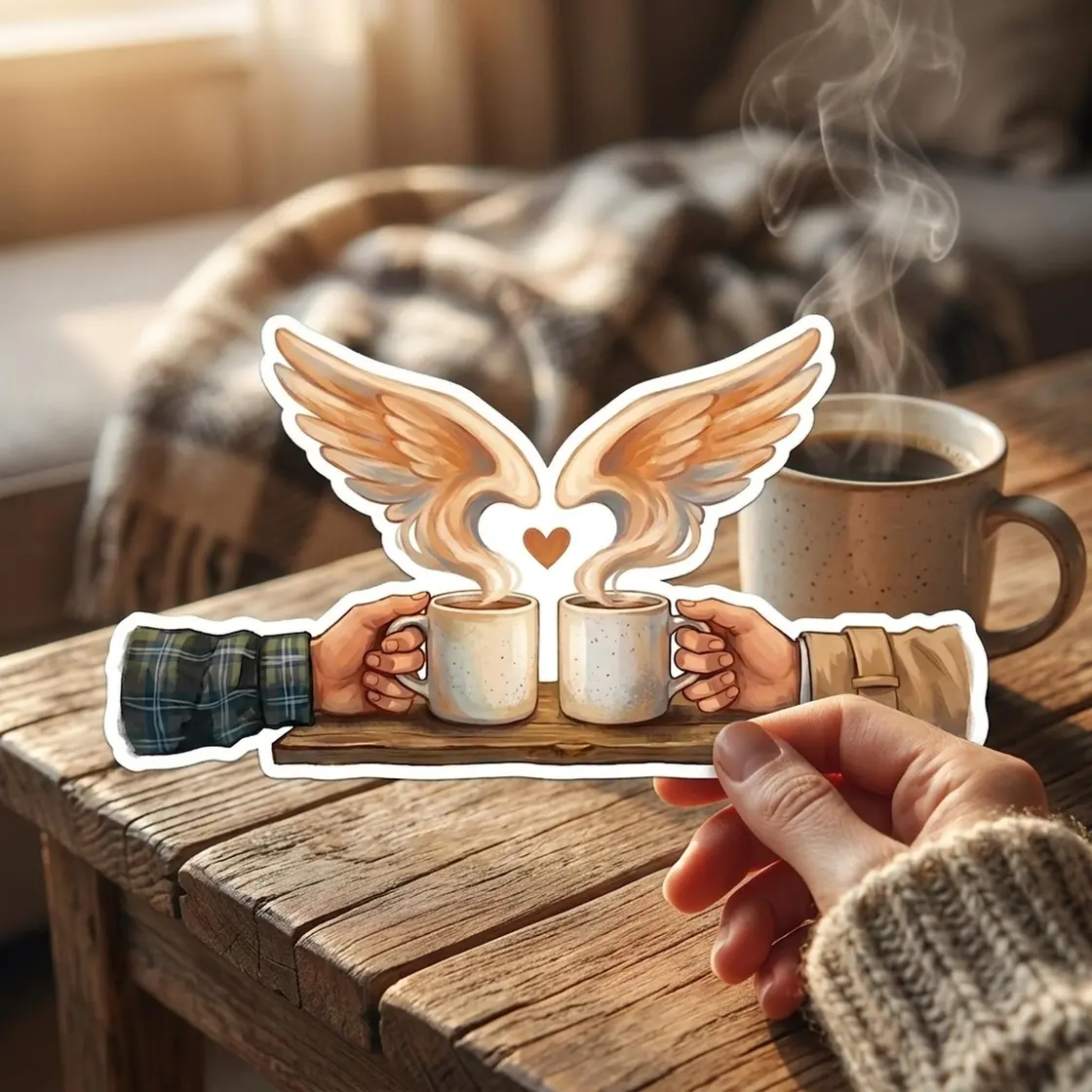 Two steaming coffee mugs sit side by side, one adorned with delicate angel wings to lovingly represent Dean and Castiel., view 3