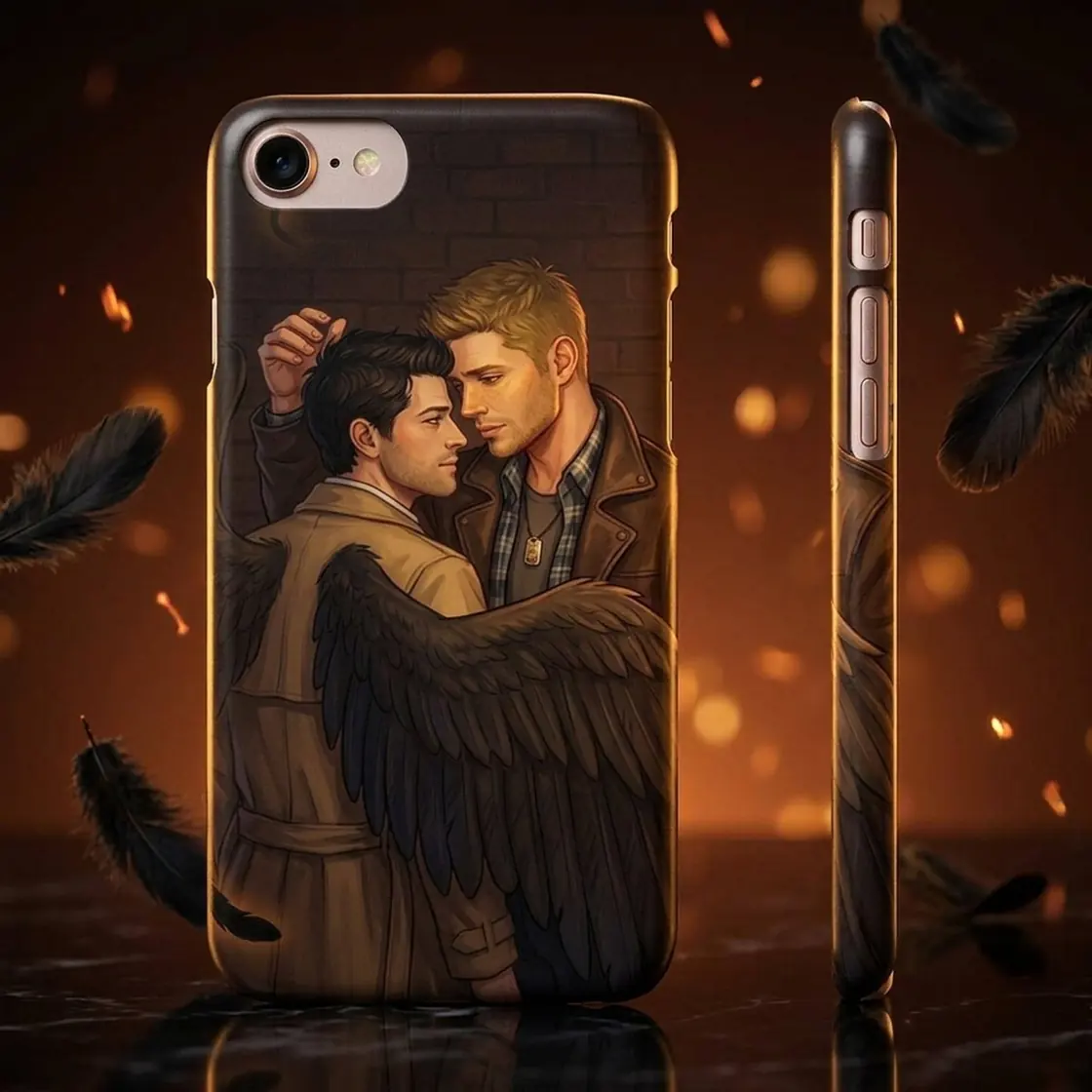 Dean tends to Castiel's dark feathered wings in this quiet moment of profound trust and vulnerability., view 2