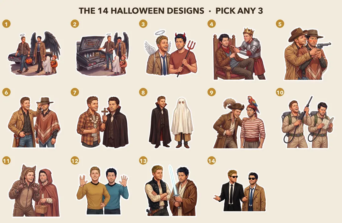 Create your own fun collection of Dean and Castiel dressed up in various festive Halloween costumes., view 3