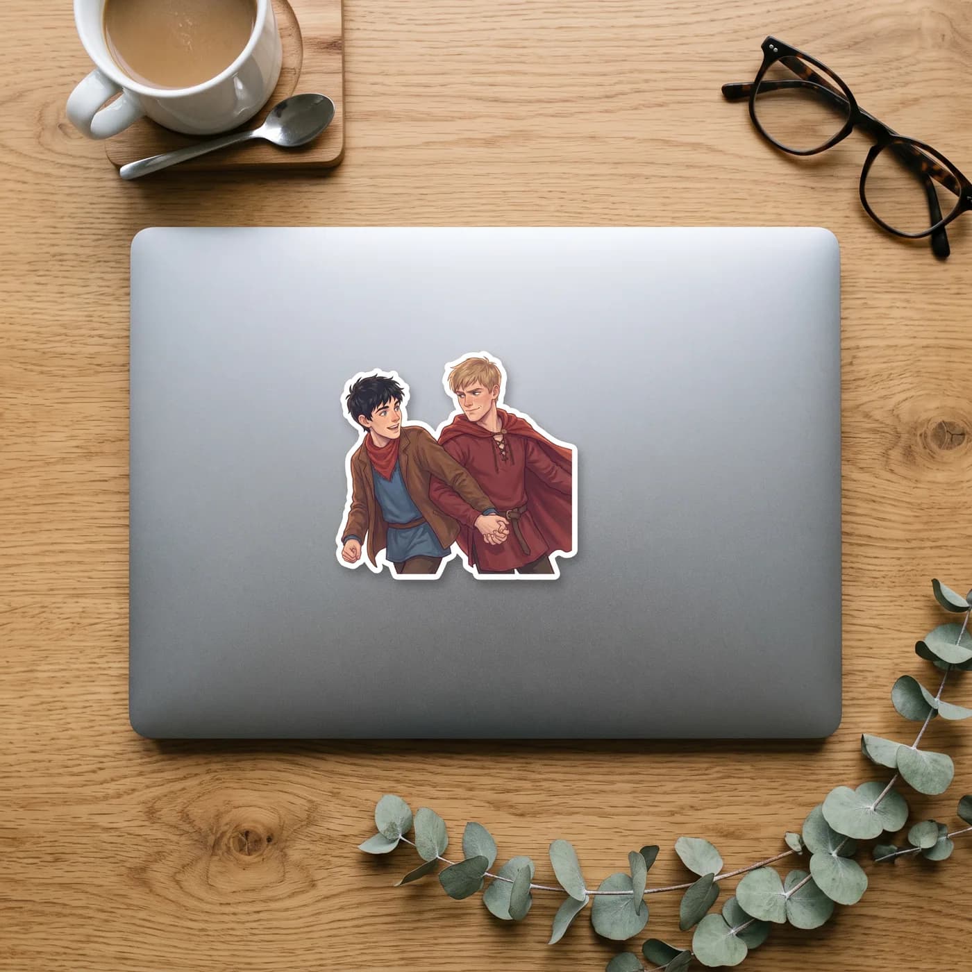 Arthur firmly grabs Merlin by the hand to pull him quickly out of a dangerous situation., view 2