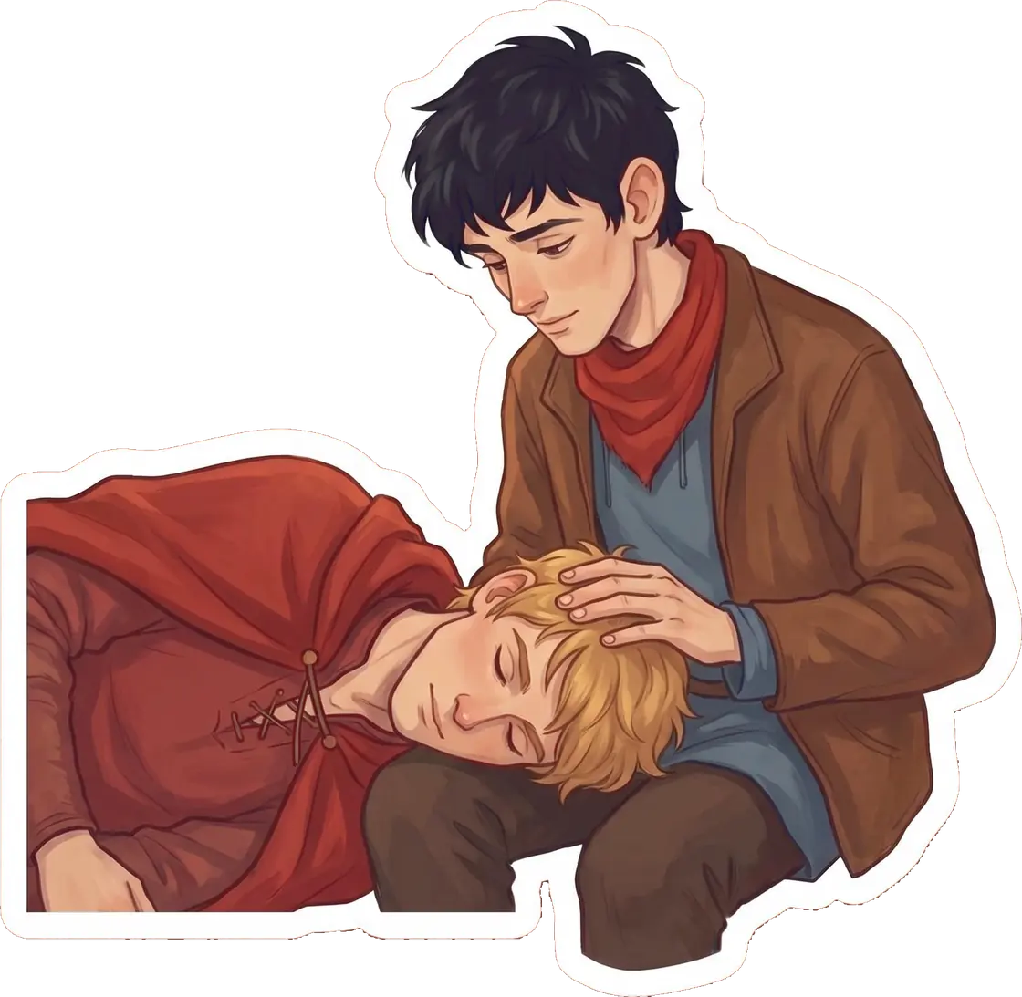 An injured Arthur rests his head heavily in a very worried Merlin's lap beside a campfire.
