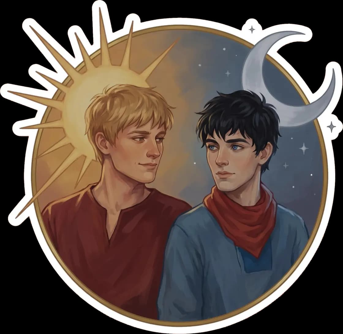A symbolic framing features Arthur glowing as the sun alongside Merlin resting in the moonlight.