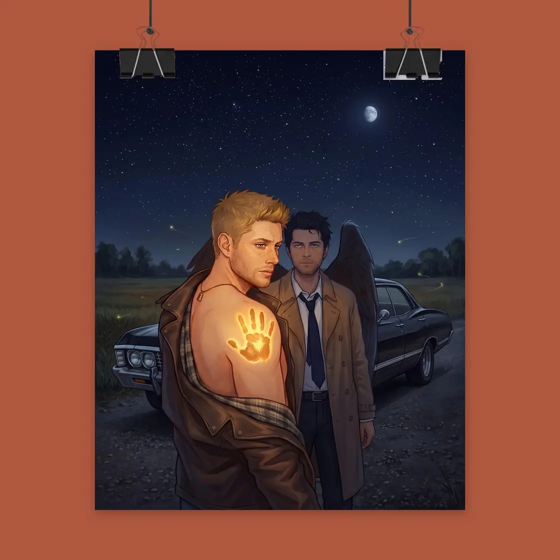 The iconic burned handprint rests boldly on a shoulder to symbolize the moment Castiel pulled Dean from perdition., view 2