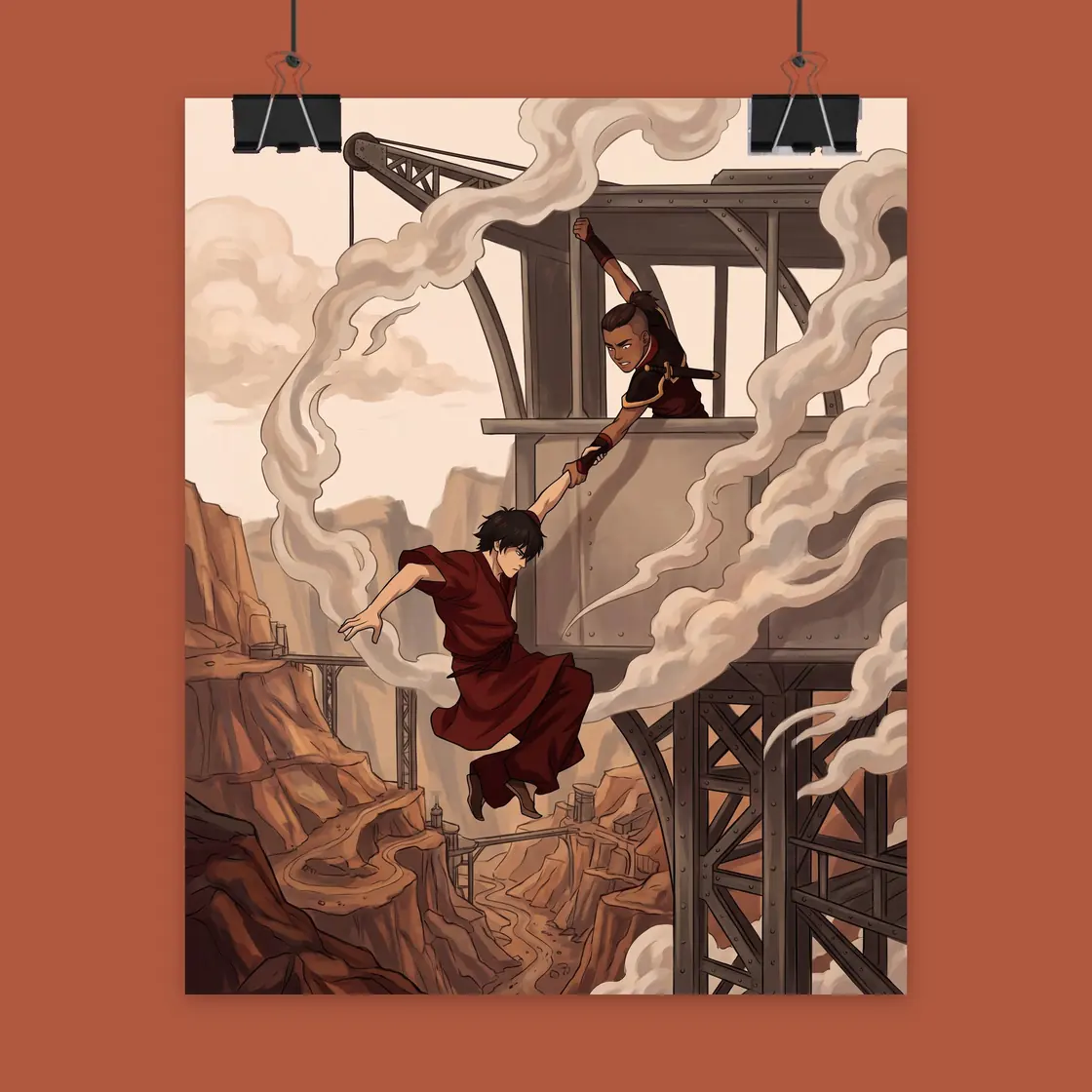 Zuko desperately grabs Sokka by the hand to pull him to safety during their dangerous escape from the Boiling Rock., view 2