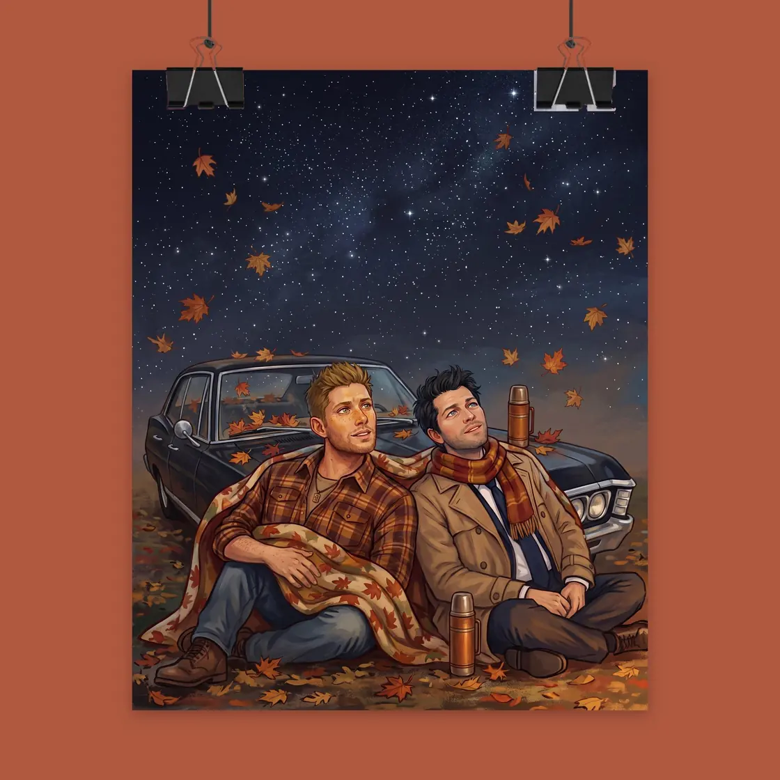 Dean and Castiel lean against the hood of the Impala together to watch the quiet night sky overhead., view 2