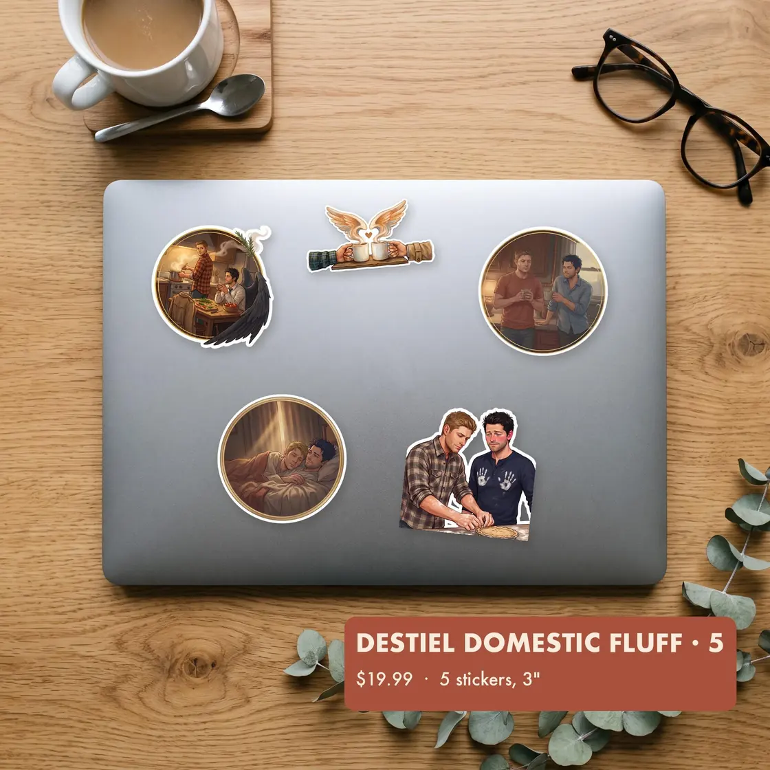 A cozy collection of five designs featuring Dean and Cas sharing quiet mornings and warm coffee in the bunker kitchen., view 2