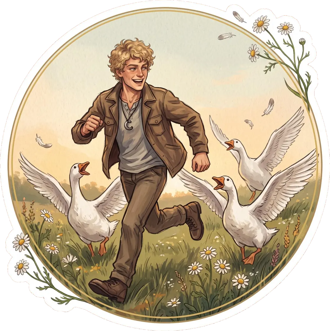 Haymitch sprints desperately through the district as a flock of angry geese relentlessy chases him from the yard.