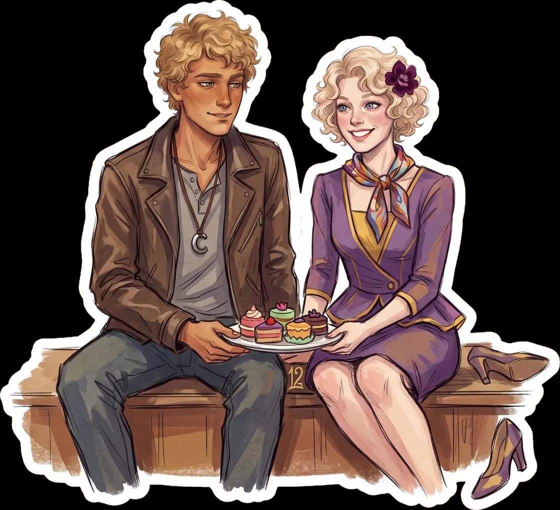 Haymitch and Effie quietly share a plate of sweet cakes together after the draining events of the broadcast.