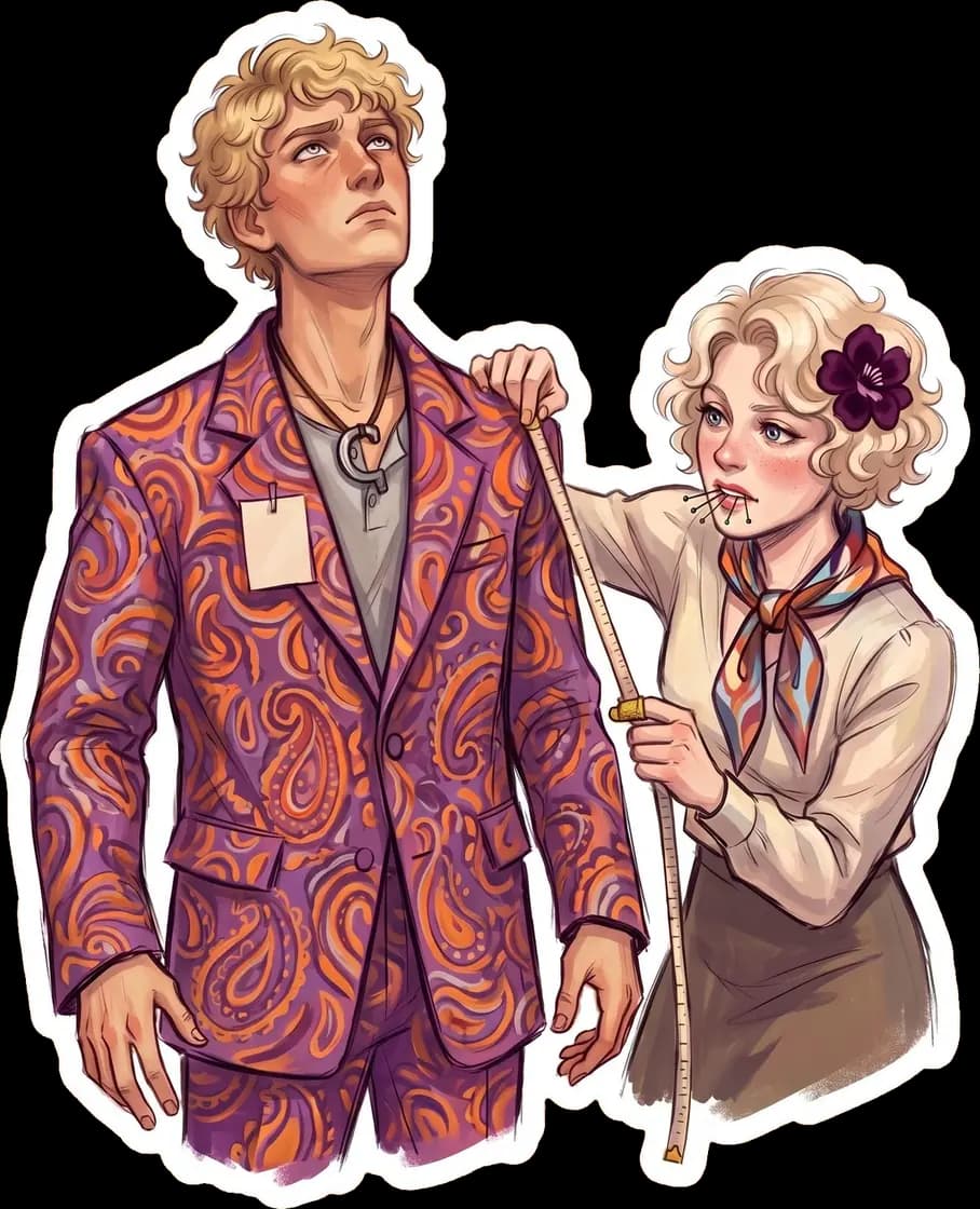 Effie oversees the tedious tailoring of a bold paisley suit for Haymitch to wear on his victory tour.