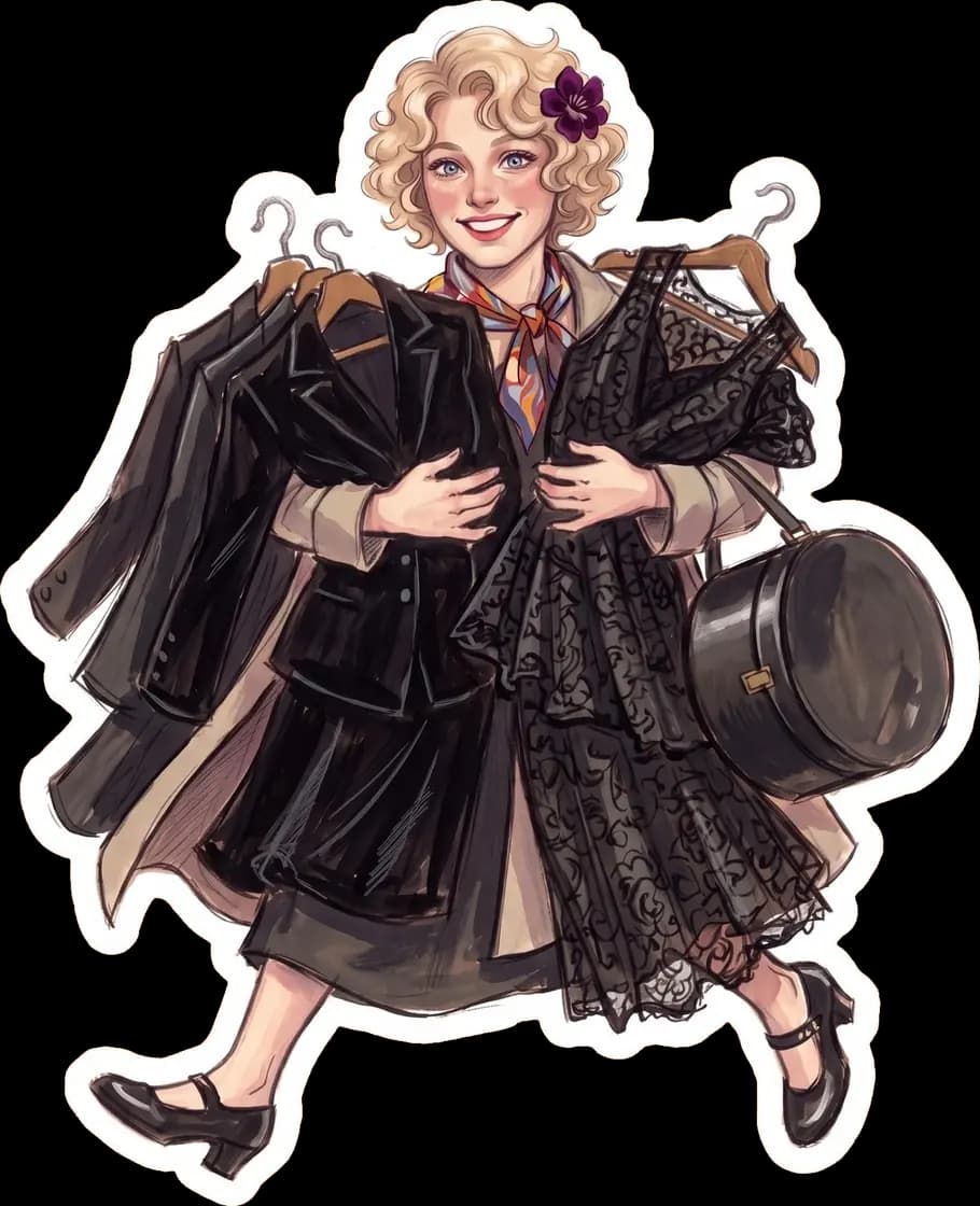 Effie sorts thoughtfully through a somber collection of vintage black dresses to find something appropriate to wear.